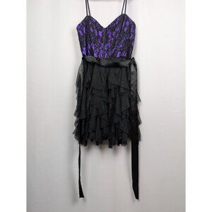 Deb Junior Size 5/6 Ruffled Black Tulle Dress with Purple Lace